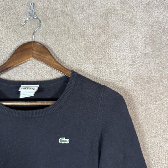 Lacoste Sweater Womens 36 S Black Cotton Cashmere Crewneck Pullover Logo Knit - Picture 3 of 9